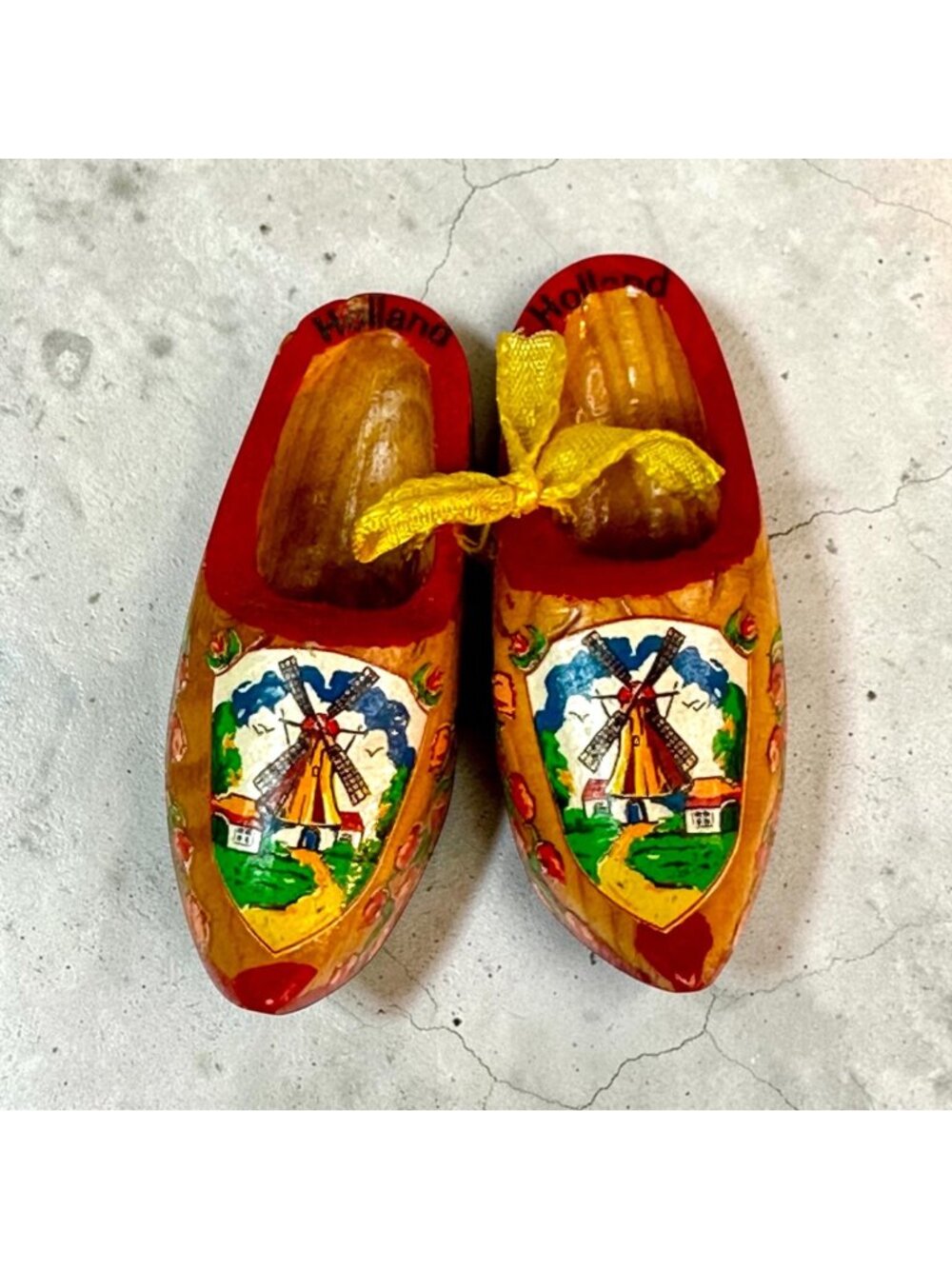 Vintage -Painted Mini Wooden Dutch Clogs With Windmill Design - Holland Souvenir